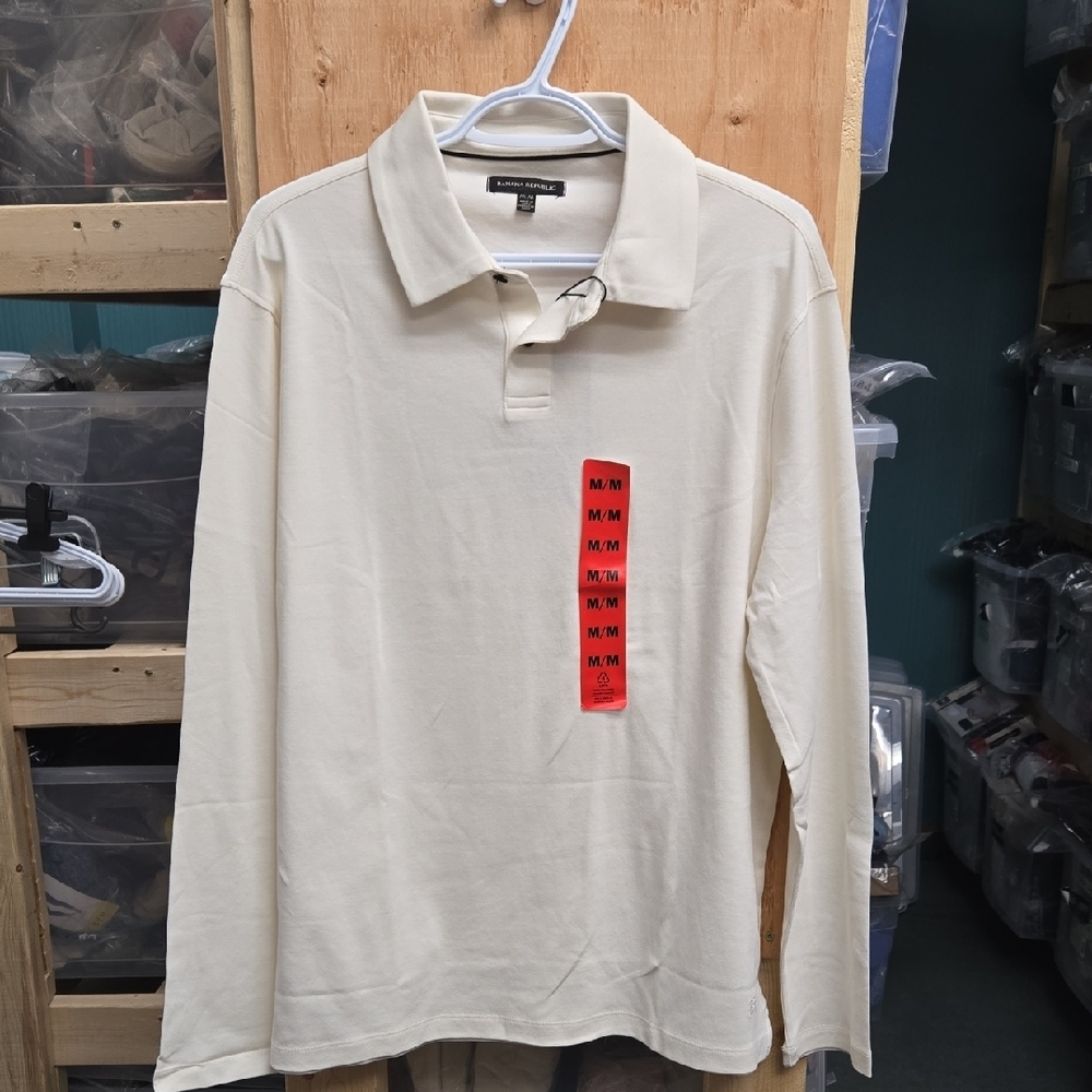 Banana Republic Size M Ivory Long Sleeve Luxe Touch Polo